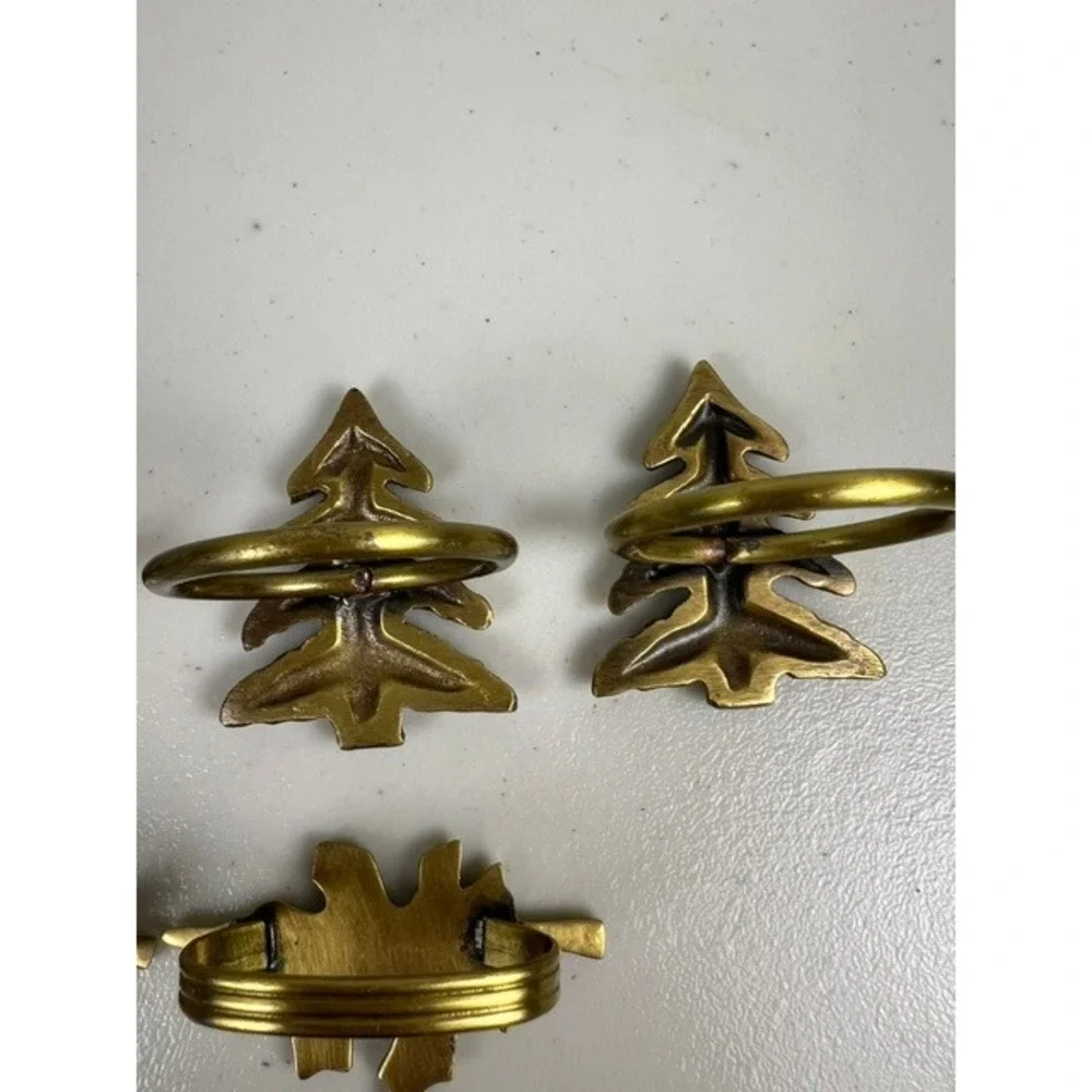 Vintage Brass‎ Napkin Rings Set of 6 Mixed Leaves and Christmas Trees Gold Tone